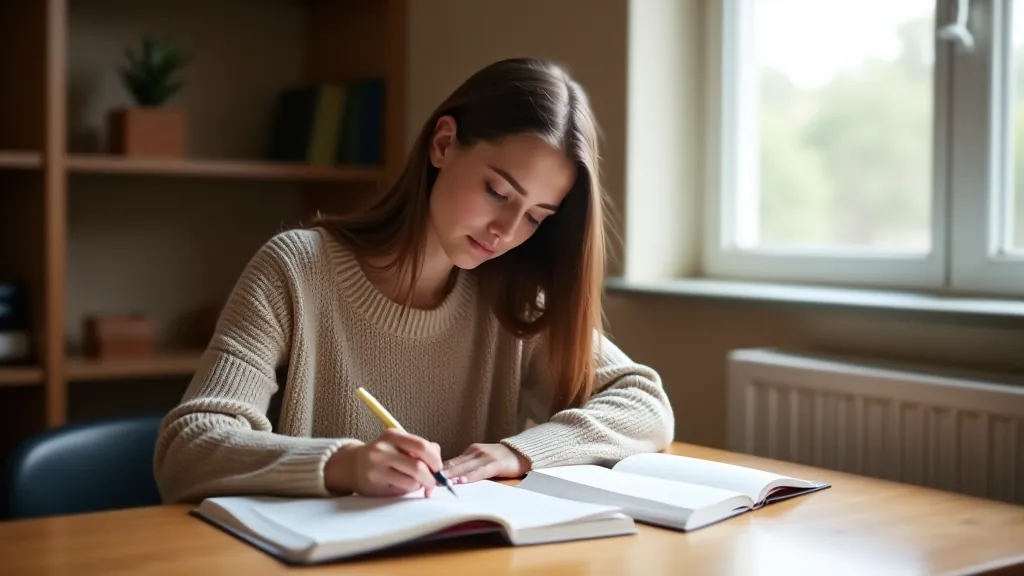 Studente ar grāmatām un piezīmju grāmatiņu mājasdarba vietā, naturāla gaisma caur logu