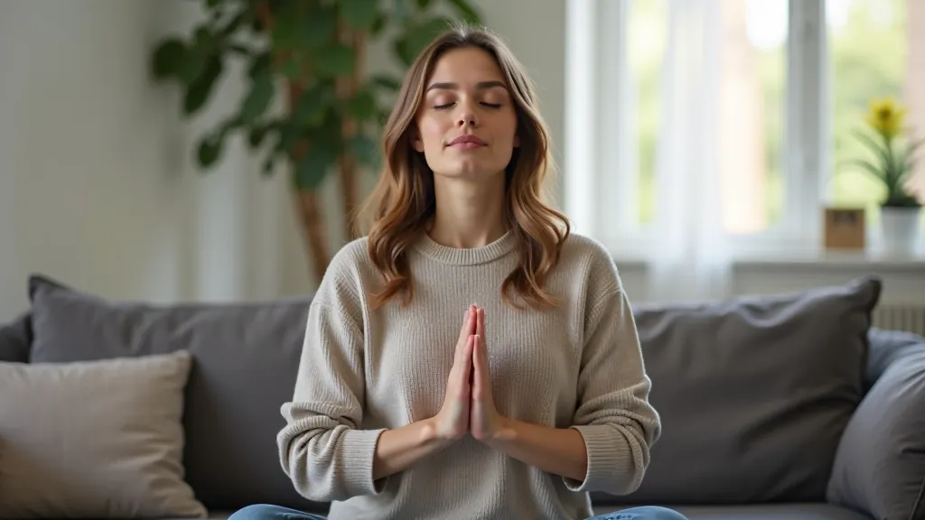 Sieviete sēž uz dīvāna, meditējot, elpojot mieru, saņemti aci, mājīga dzīvojamā istaba, pēcpusdienas gaisma no loga